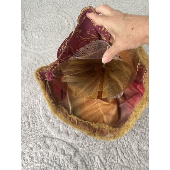 Vtg Christmas Angel Tree Topper Burgundy Gold Faux Fur Coat 16" - Picture 7 of 10